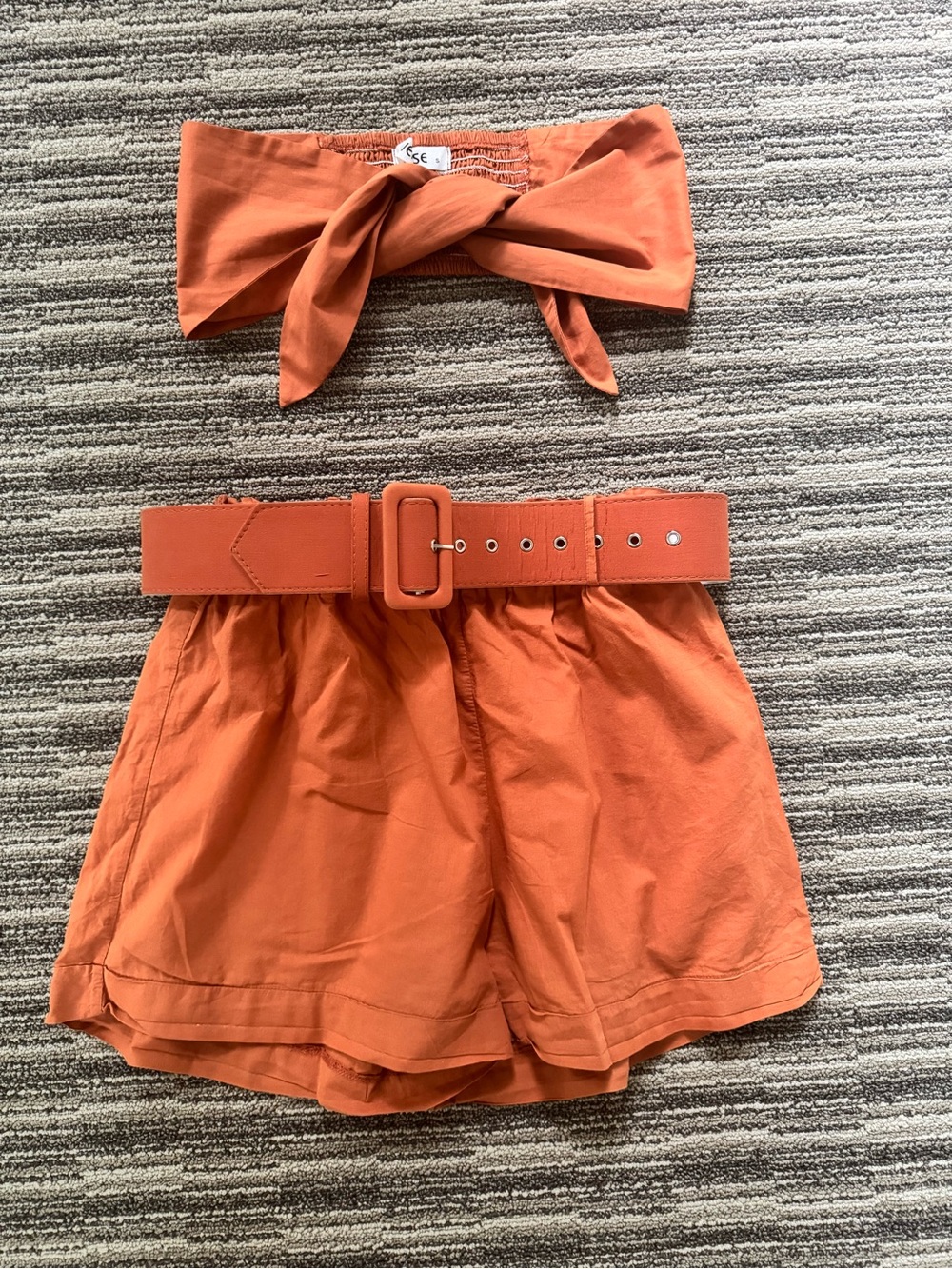 Reverse Orange High-Waist Shorts with Matching Belt and Bandeau Top